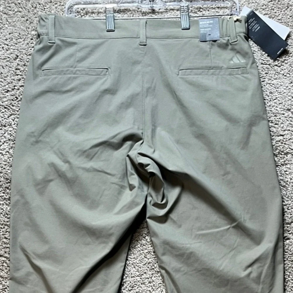 Adidas Nylon Chino Pants Mens 32x32 Olive Green Flat Front Golf 3 Stripes NEW
